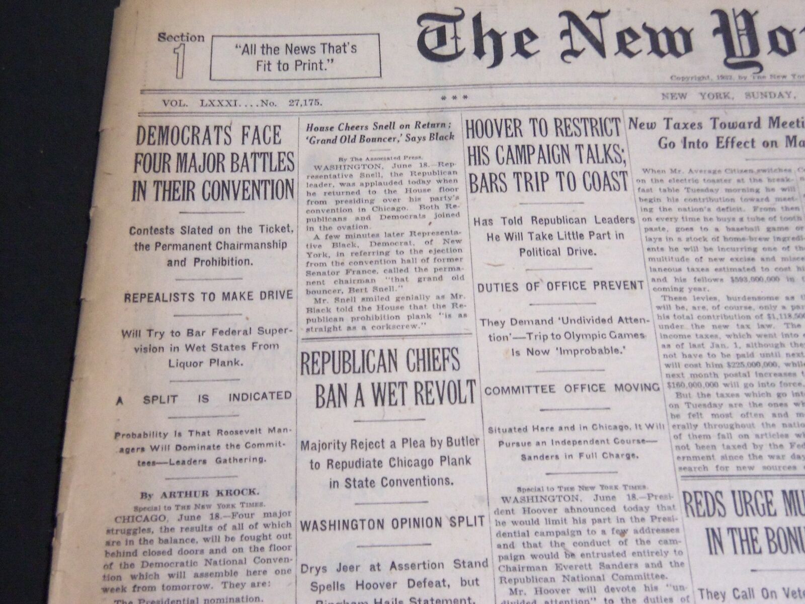 1932 JUNE 19 NEW YORK TIMES - DEMOCRATS FACE FOUR BATTLES AT CONVENTION- NT 6990