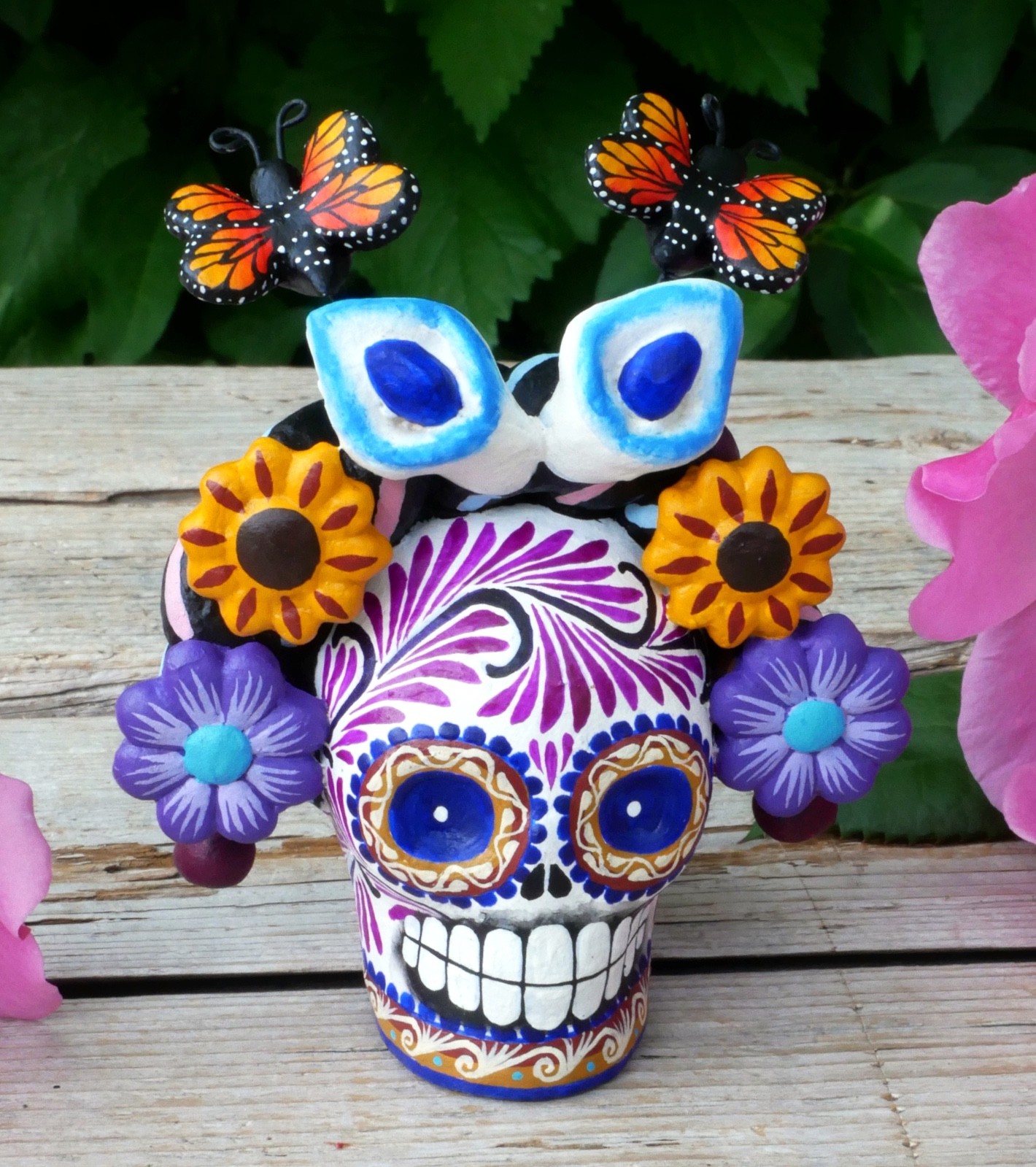 Day of the Dead Frida Kahlo Sugar Skull Butterflies Handmade Mexican Folk Art Sm