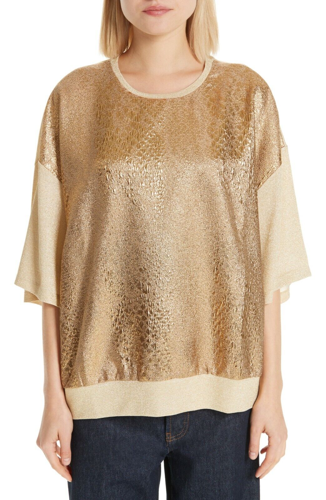 DRIES VAN NOTEN Womens Oversized Metallic Front Knit Tee T-Shirt Top Gold Size M