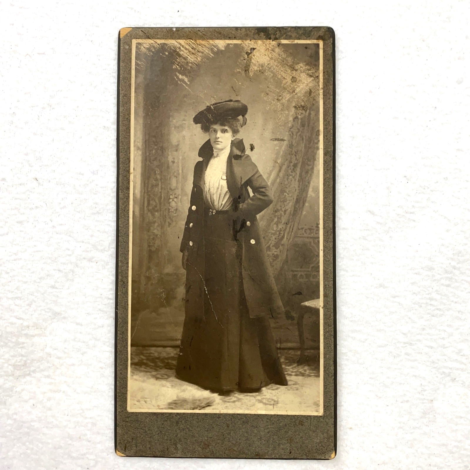 Antique 1890s Cabinet Card Woman in Edwardian Attire Long Coat White Blouse Hat Antique 1890s Cabinet Card Woman in Edwardian Attire Long Coat White Blouse Hat