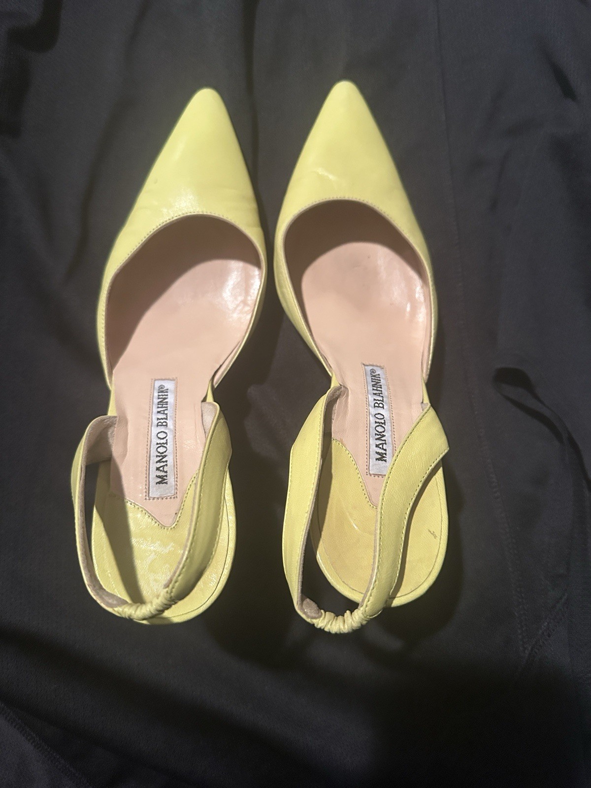 Manolo Blahnik Slingback Women's  Kitten Stiletto High Heel Size 37 Neon Yellow 