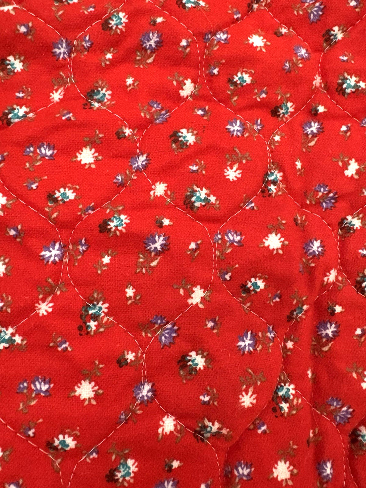 Vintage 70’s ? Retro Red Blue Praire Floral Quilted Flannel Fabric 3 Yds + 4”