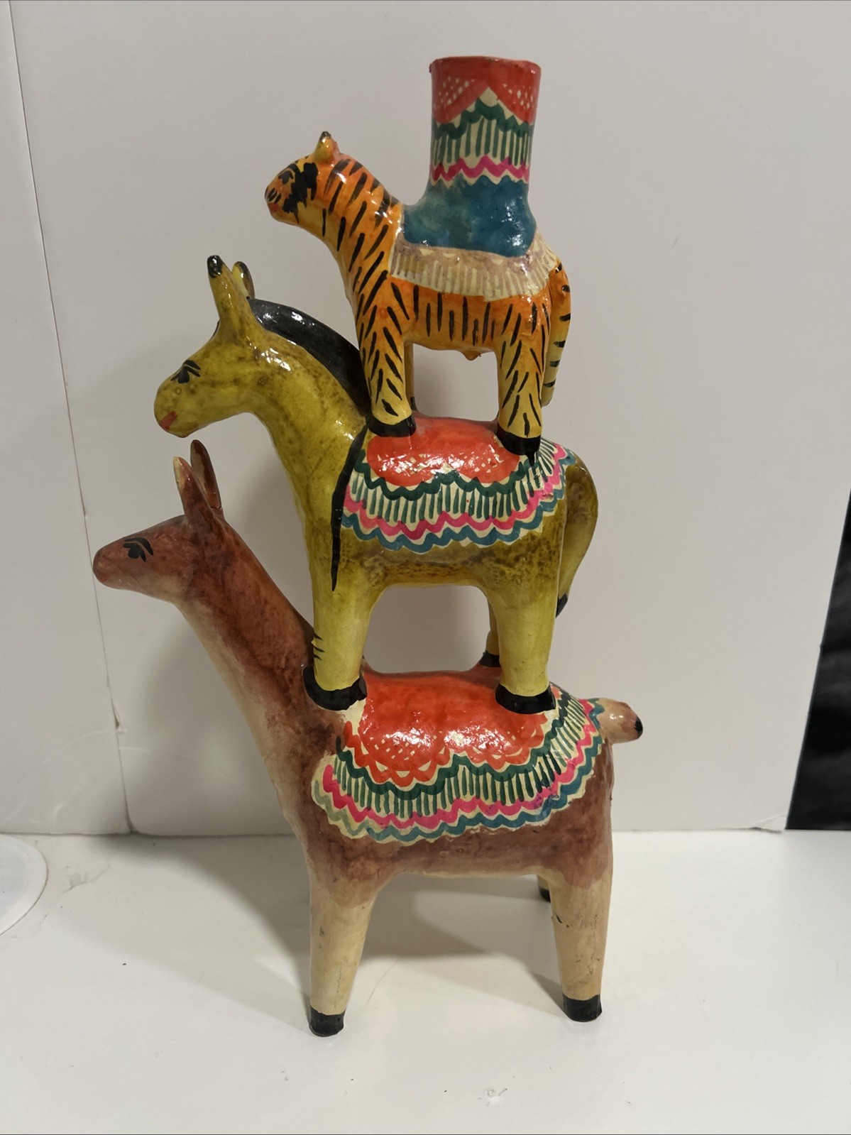 RARE Mexican Folk Art Pottery Stacked Animals Candle Holder