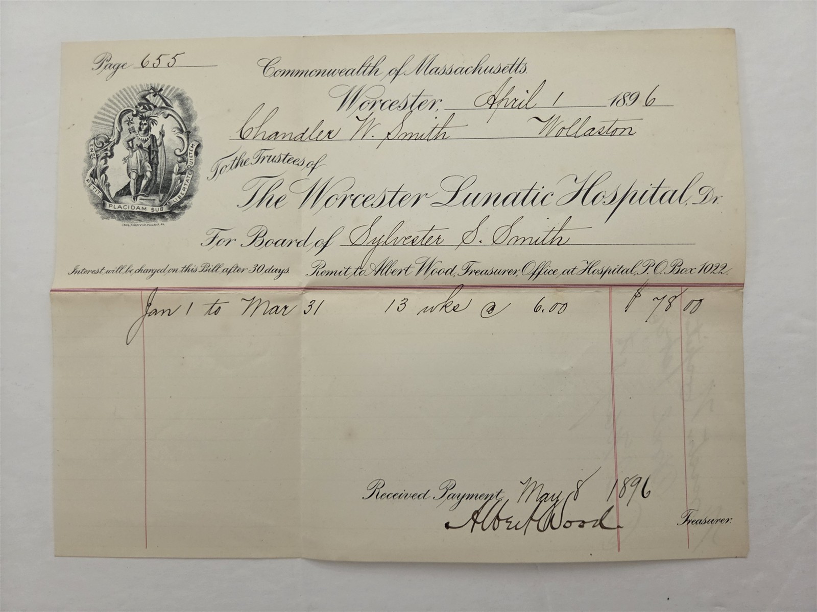 1896 antique WORCESTER LUNATIC HOSPITAL worcester ma CHANDLER W SMITH RECEIPT