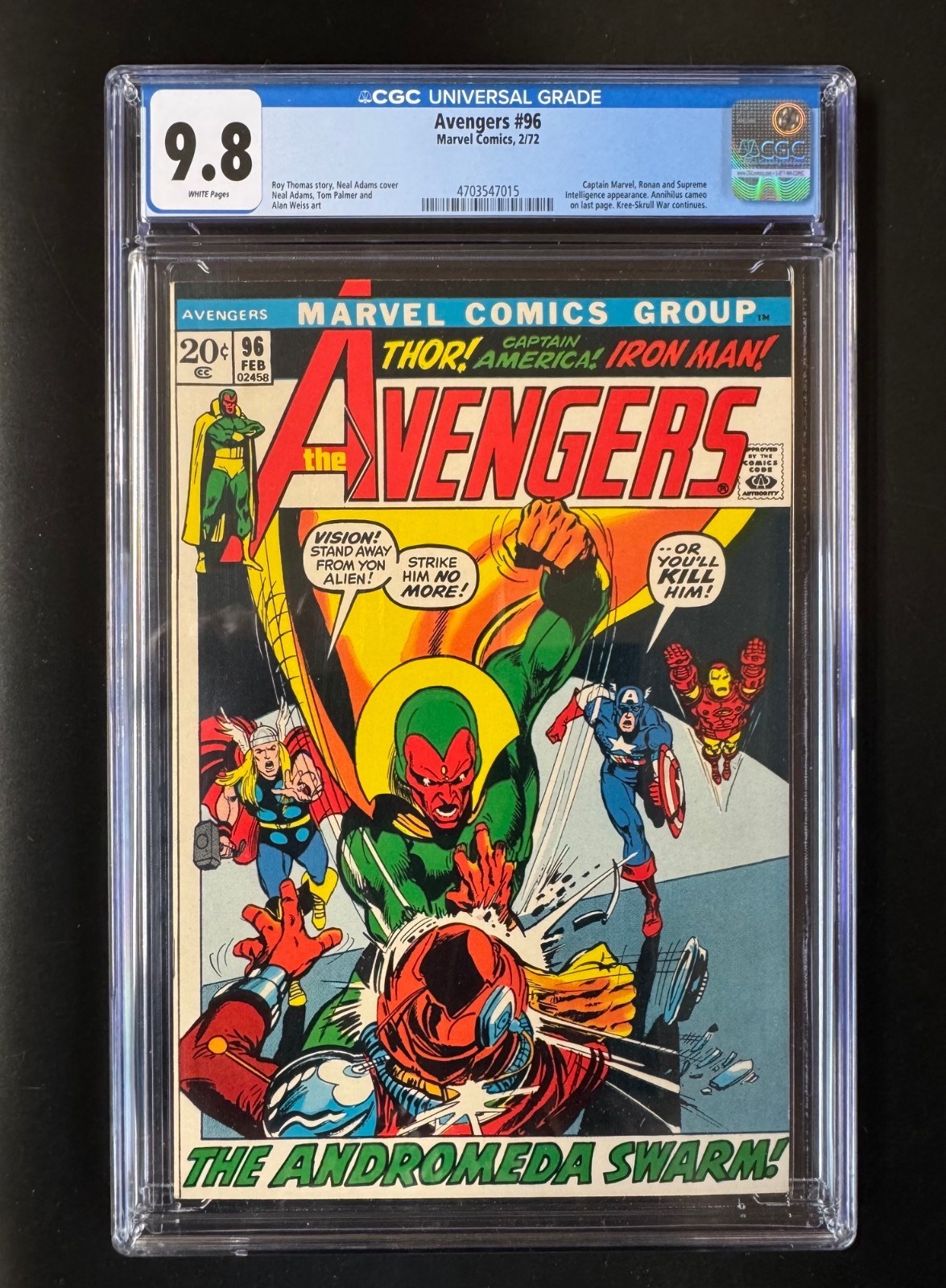 AVENGERS #96 CGC 9.8  Neal Adams Art- WHITE PAGES -EXCEL Reg/Color -NEW CGC Case