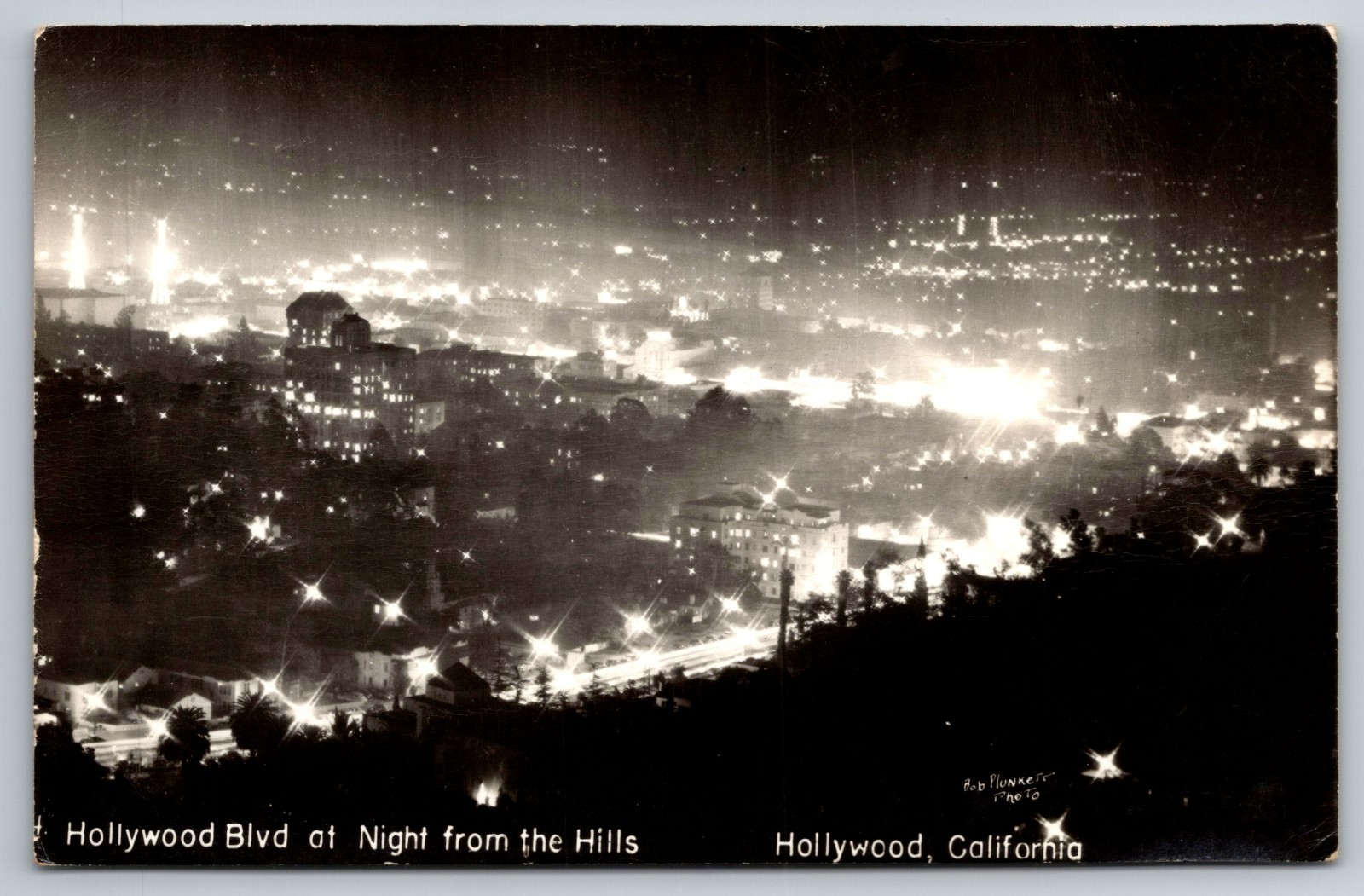 Hollywood California RPPC Night View Boulevard from Hills Photo Postcard CA