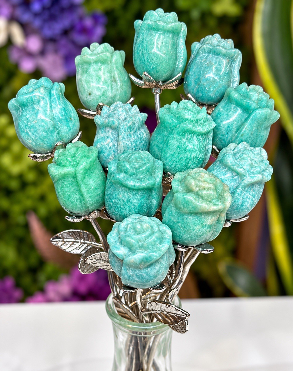 Wholesale Lot 12 Pcs Amazonite Rose With Rhodium Metal Stem Natural Crystal