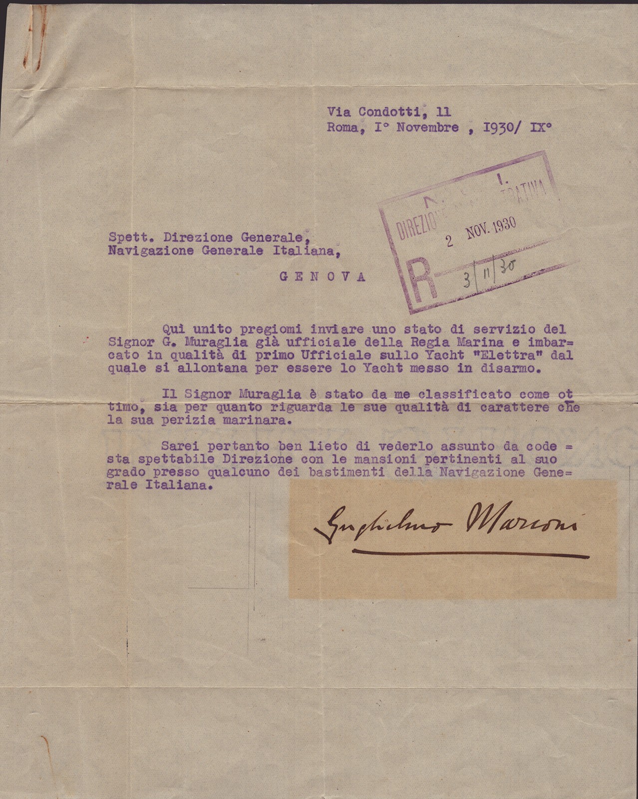 GUGLIELMO M. MARCONI - TYPED LETTER SIGNED 11/01/1930