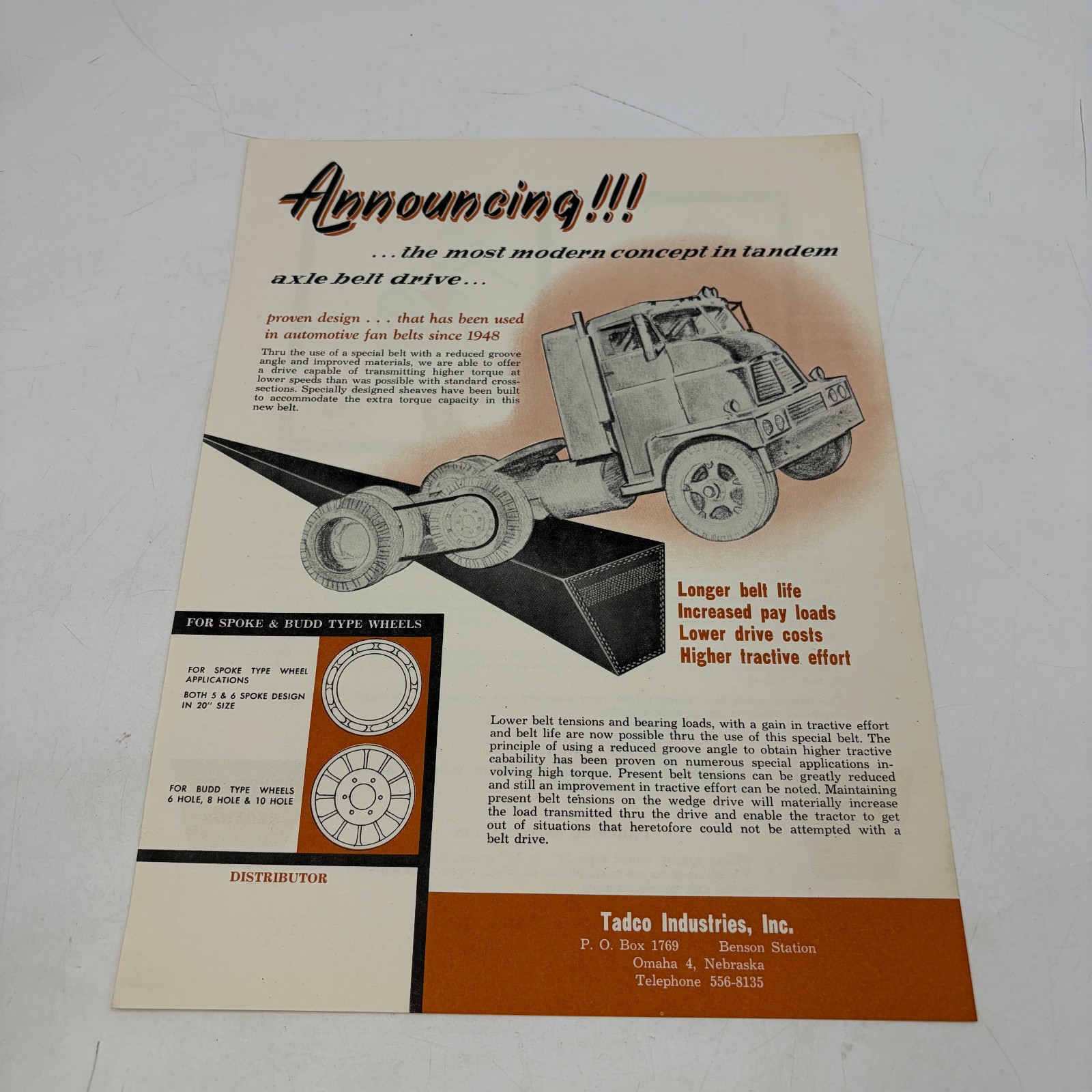 Vintage Tadco Industries Tandem Axle Belt Drive Truck Sales Brochure Omaha NE