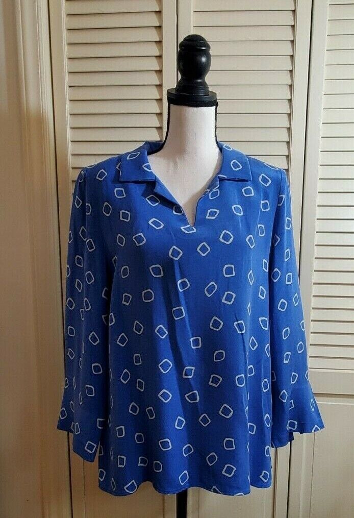 Nina McLemore size 10 blue Tunic Top Blouse 100% Silk V Neck 3/4 Sleeve 