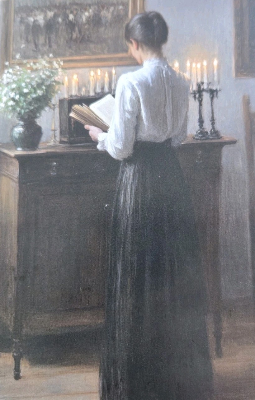 Vintage Photochrome Postcard Woman Reading by Candlelight 5.5x4\