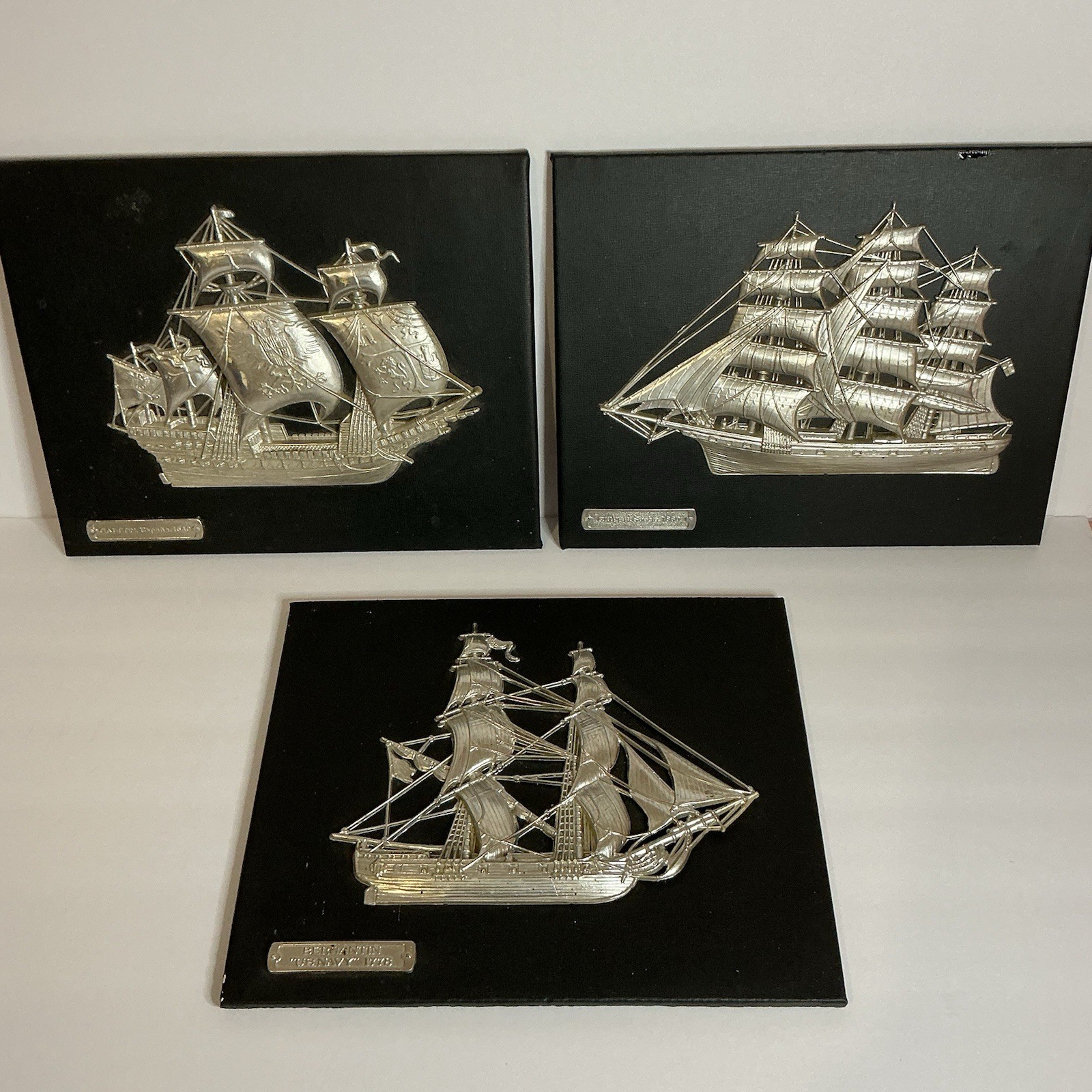 Vintage Nautical Wall Art Silver Embossed On Black Panels Italy MCM Set Of 3
