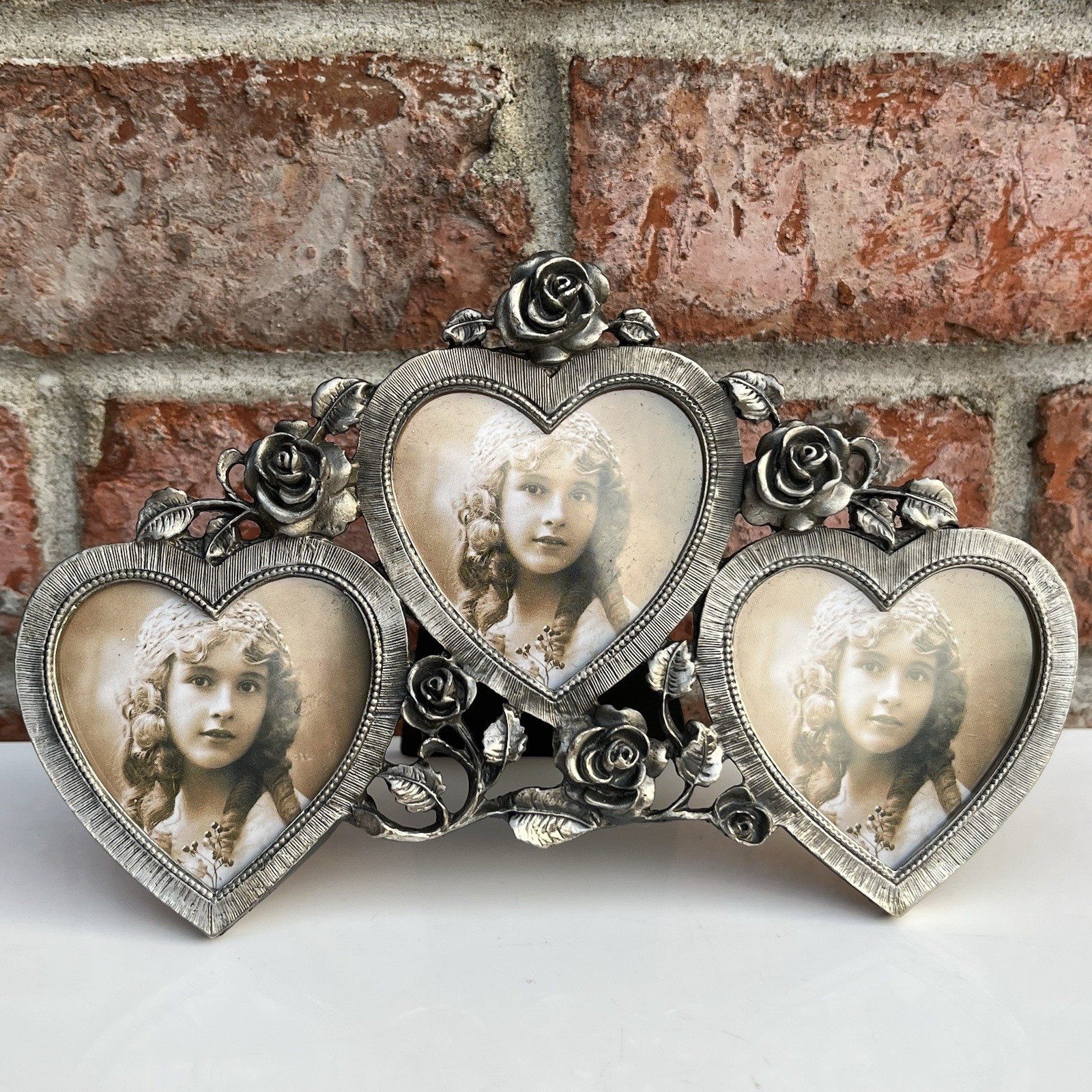 Russ VTG Metal Pewter Tone Triple Picture Frame Roses & Hearts Design 2x3 photo