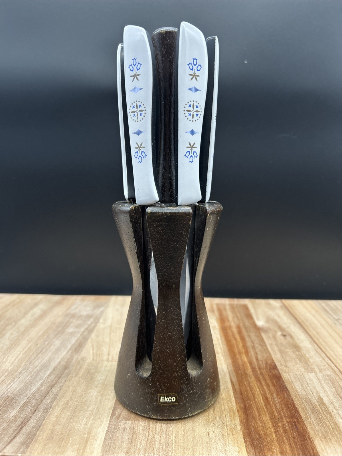 6 Vintage EKCO Vanadium Dutch Tulip Steak Knives USA Hollow Ground Set w Holder