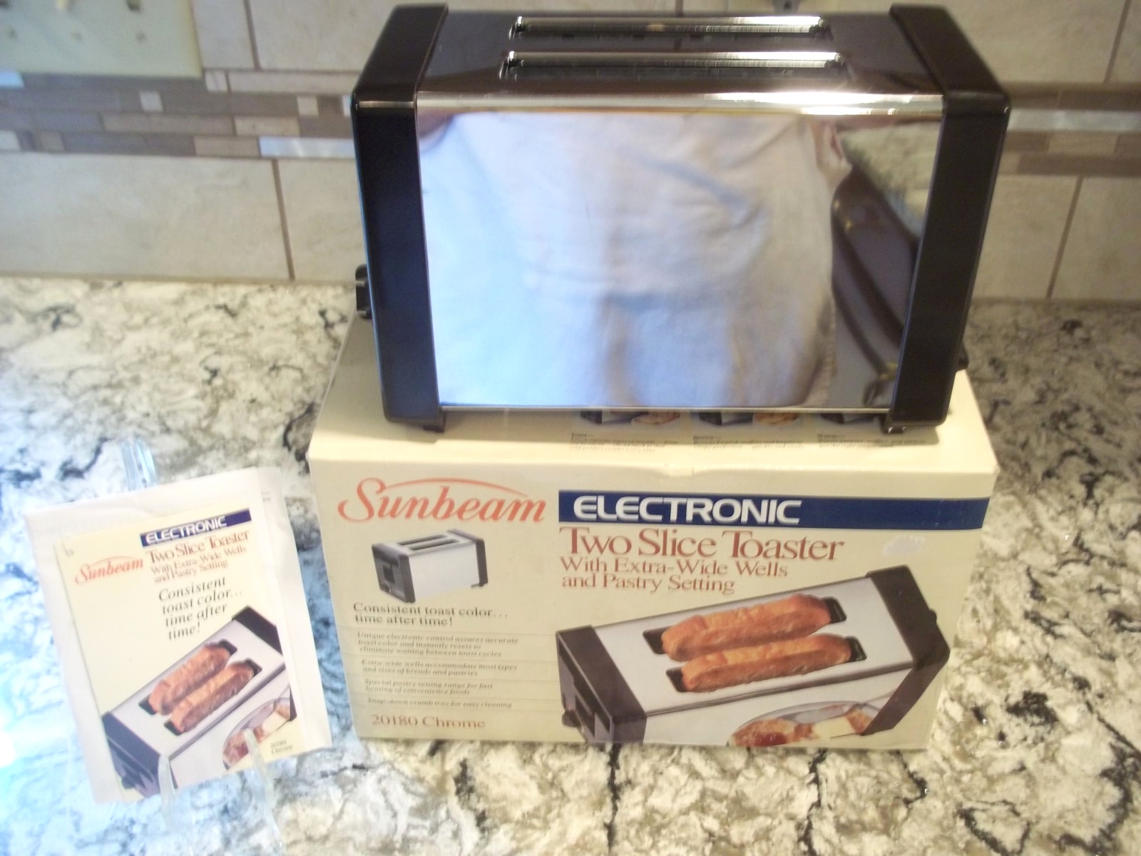 MCM Sunbeam Chrome 2 Slice Wide Slot Electronic Retro Toaster Manual & Box 20180