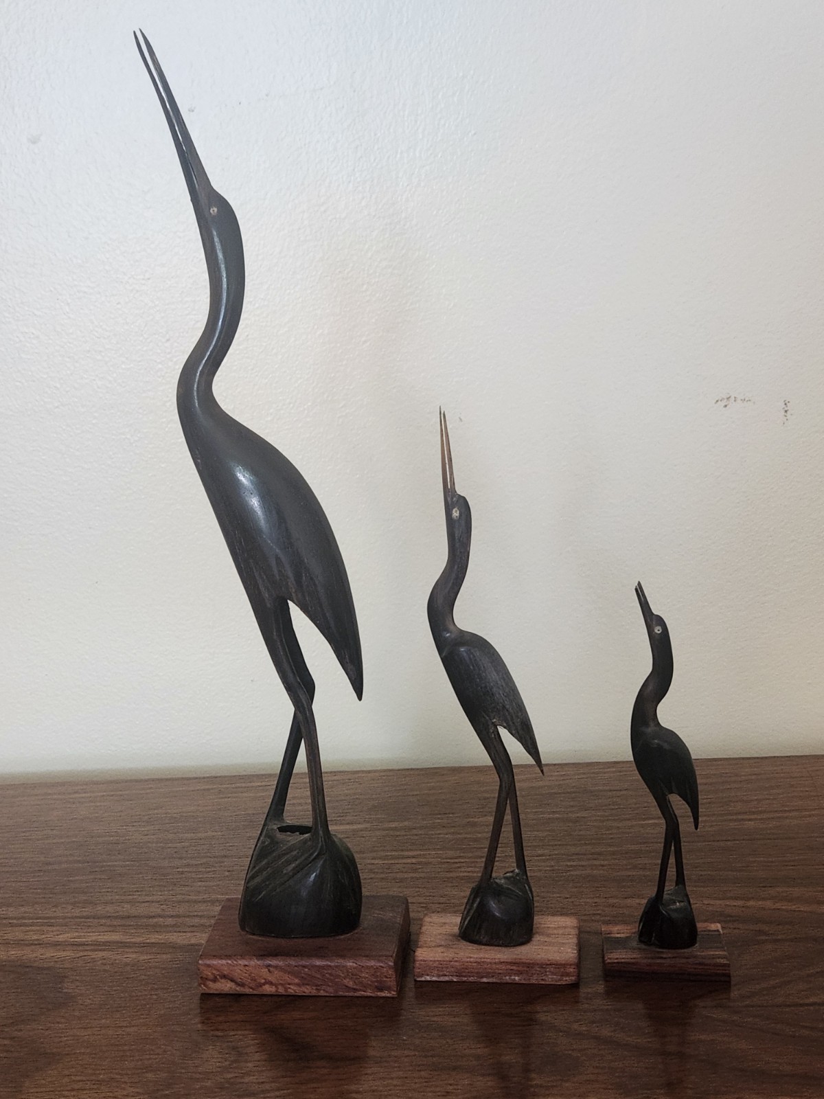 3 Vintage Hand Carved Solid Wood Crane Egret Heron 15\