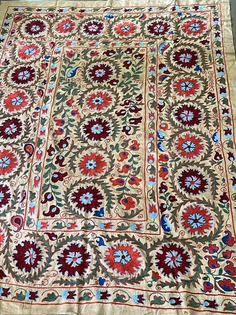BRAND NEW-Uzbek Suzani Tapestry, traditional handwoven silk piece 6’6” x 4’10”