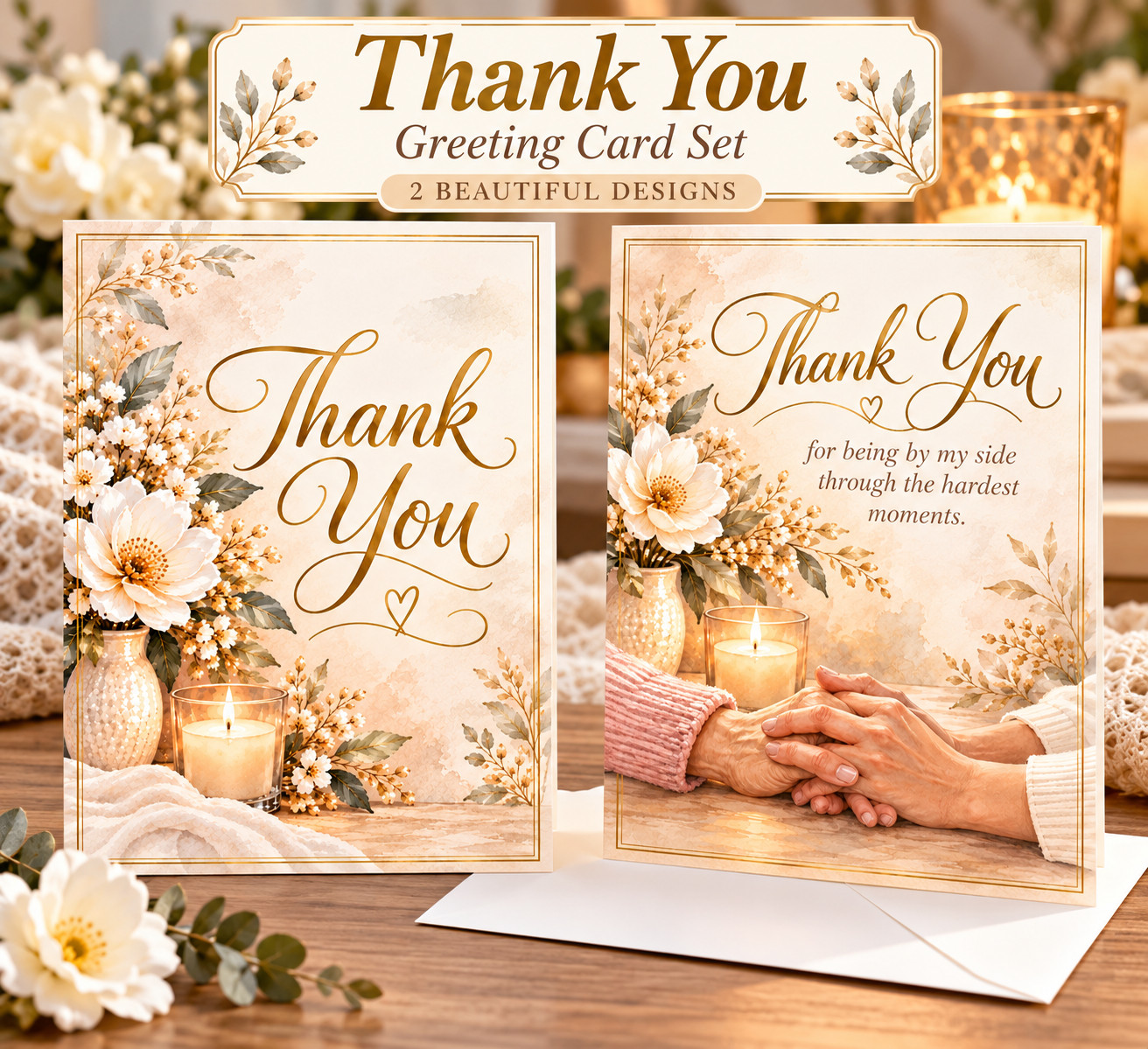 Thank You Greeting Cards Set of 2 – Elegant Floral Appreciation Cards