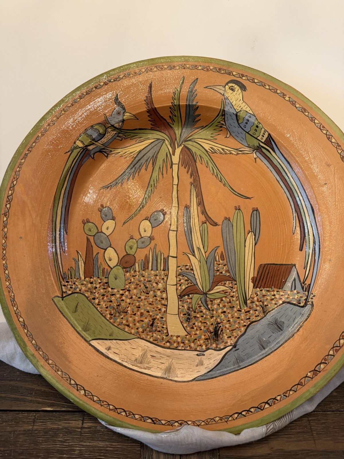 Vintage 1940 Mexican Tlaquepaque tourist pottery plate man yellow hat 20”