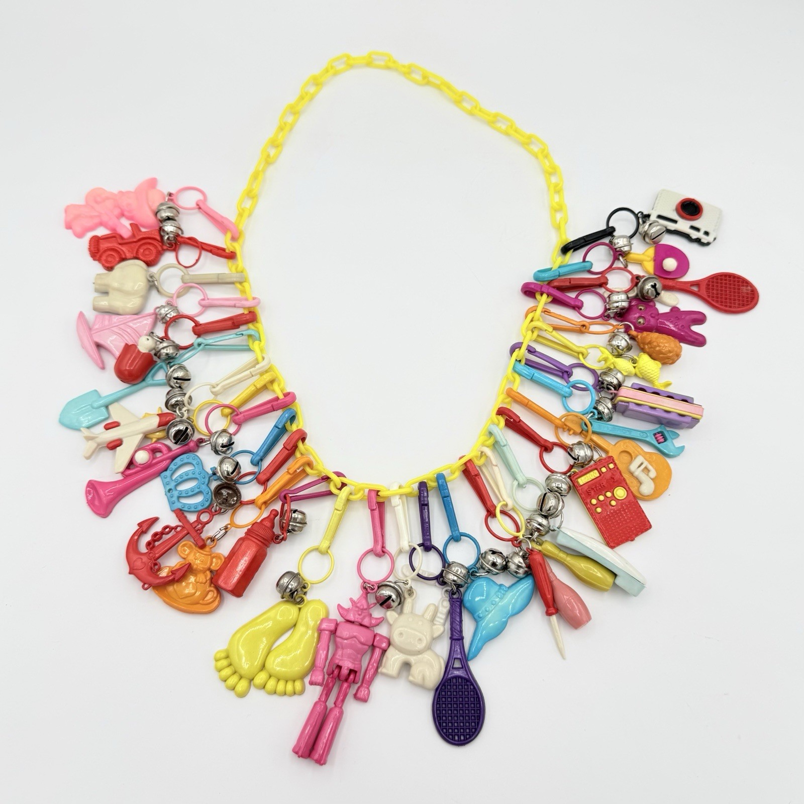Vintage 1980s Plastic Bell Clip On Plastic Charm Necklace W/ 30+ Charms - #4