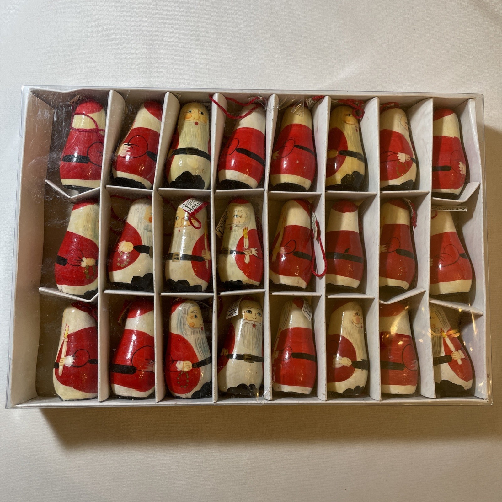 Vintage Midwest Importers 24 Hand Painted Wood Santa Claus Ornaments New In Box