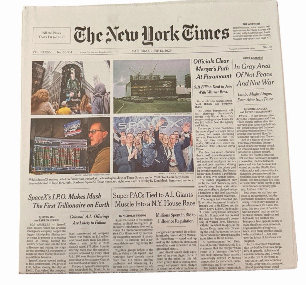 The New York Times Newspaper June 13 2026 SpaceX\'s IPO Makes Musk Trillionaire