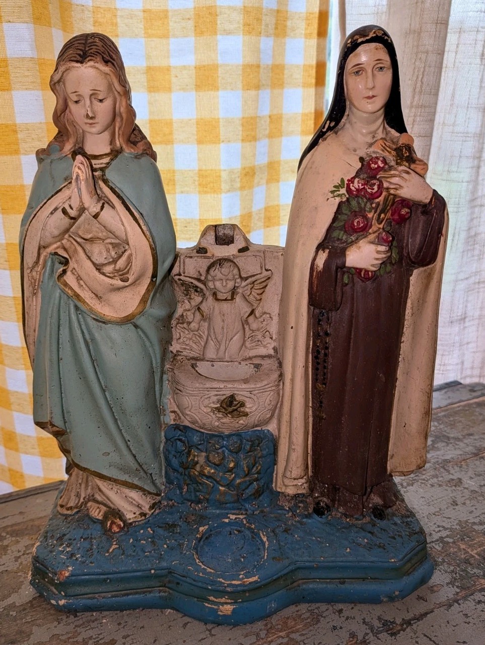 Antique 1927 Chalkware Alter Statue Virgin Mary And Saint Theresa of Lisoux