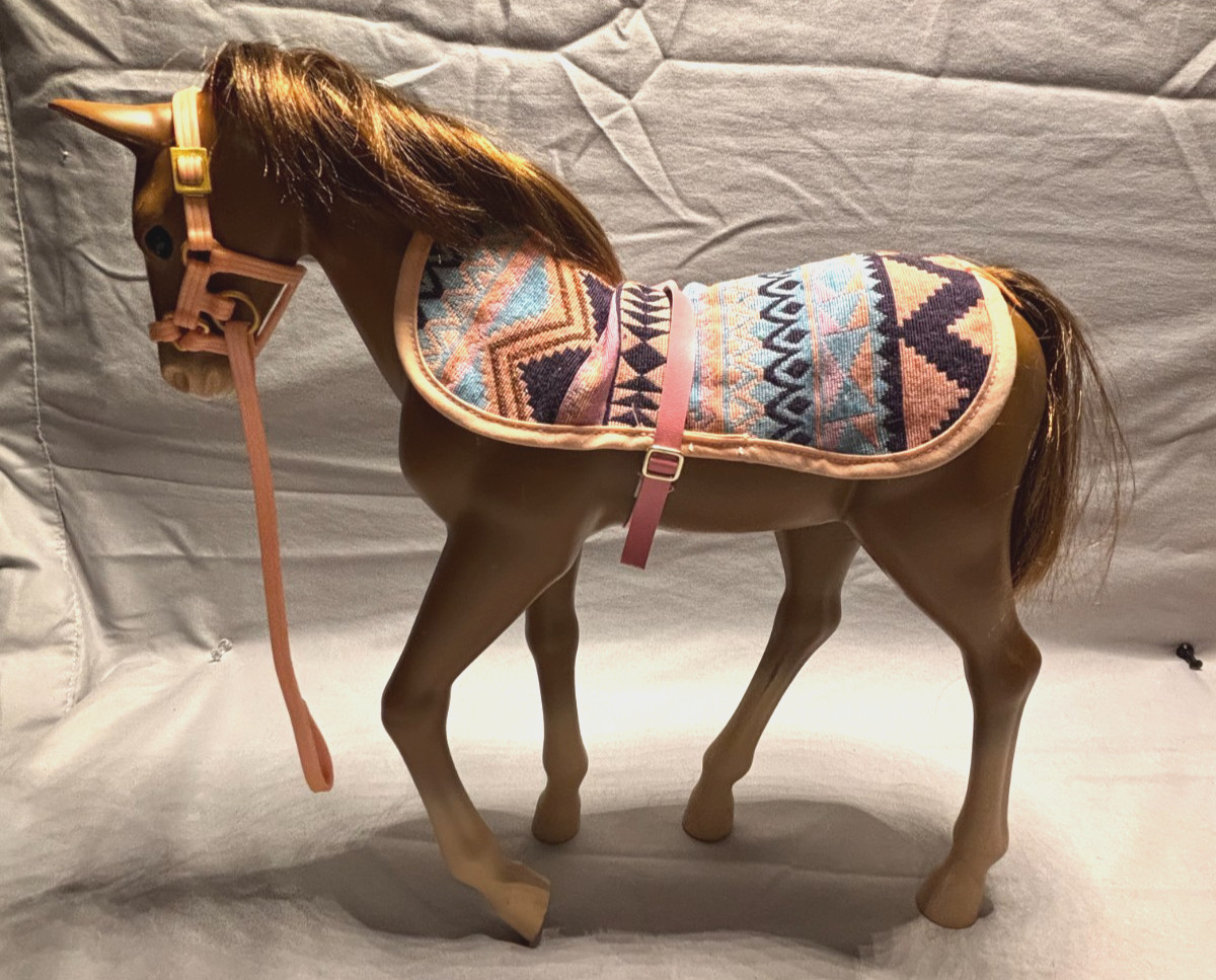 Vintage Our Generation 12” Brown Horse with Pink Reins and Blanket By Battat.