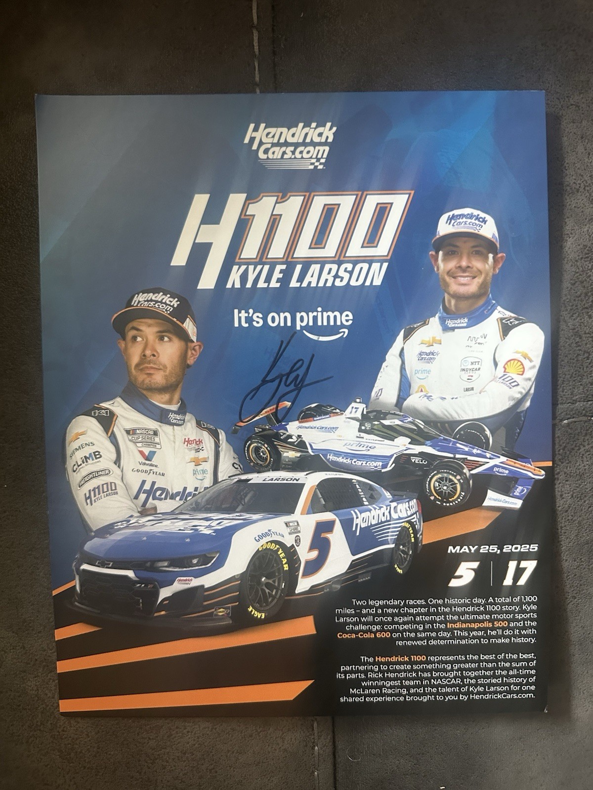 Kyle Larson Indy 500 Signed Car Promo Hero Card Autographed 2025 H1100 NASCAR Kyle Larson Indy 500 Signed Car Promo Hero Card Autographed 2025 H1100 NASCAR