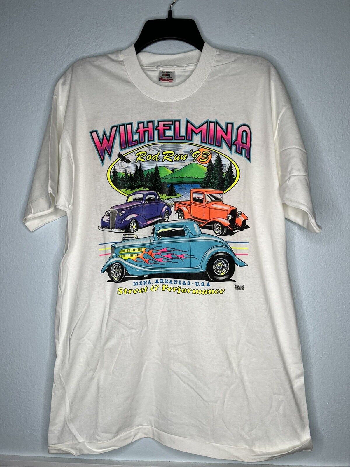 Rod Run T Shirt Mena Arkansas 1993 Queen Wilhelmina Neon Colors Vintage USA Cars