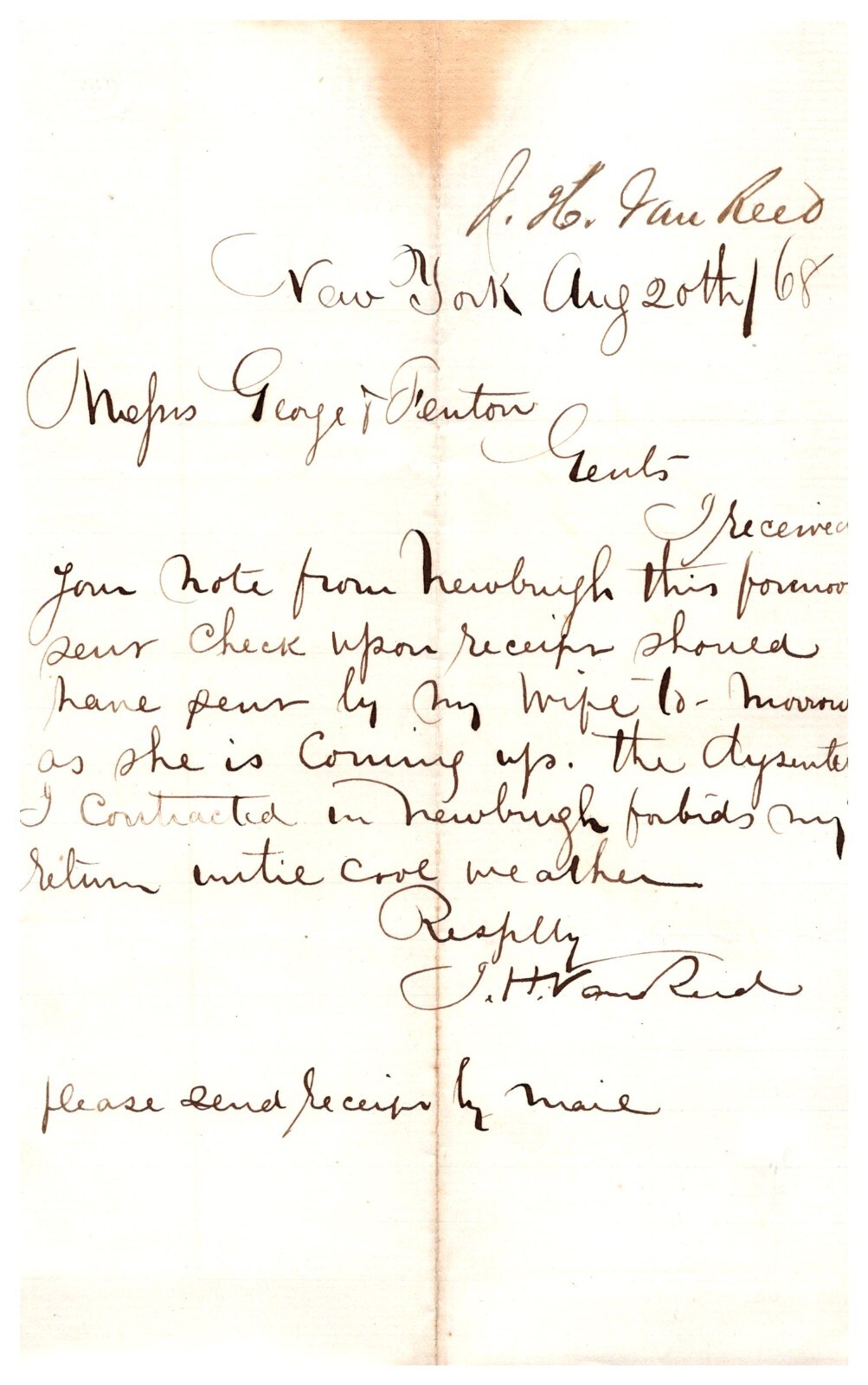 Handwritten letter New York 1868 signed JH VanReed George & Fenton Esq Newburgh