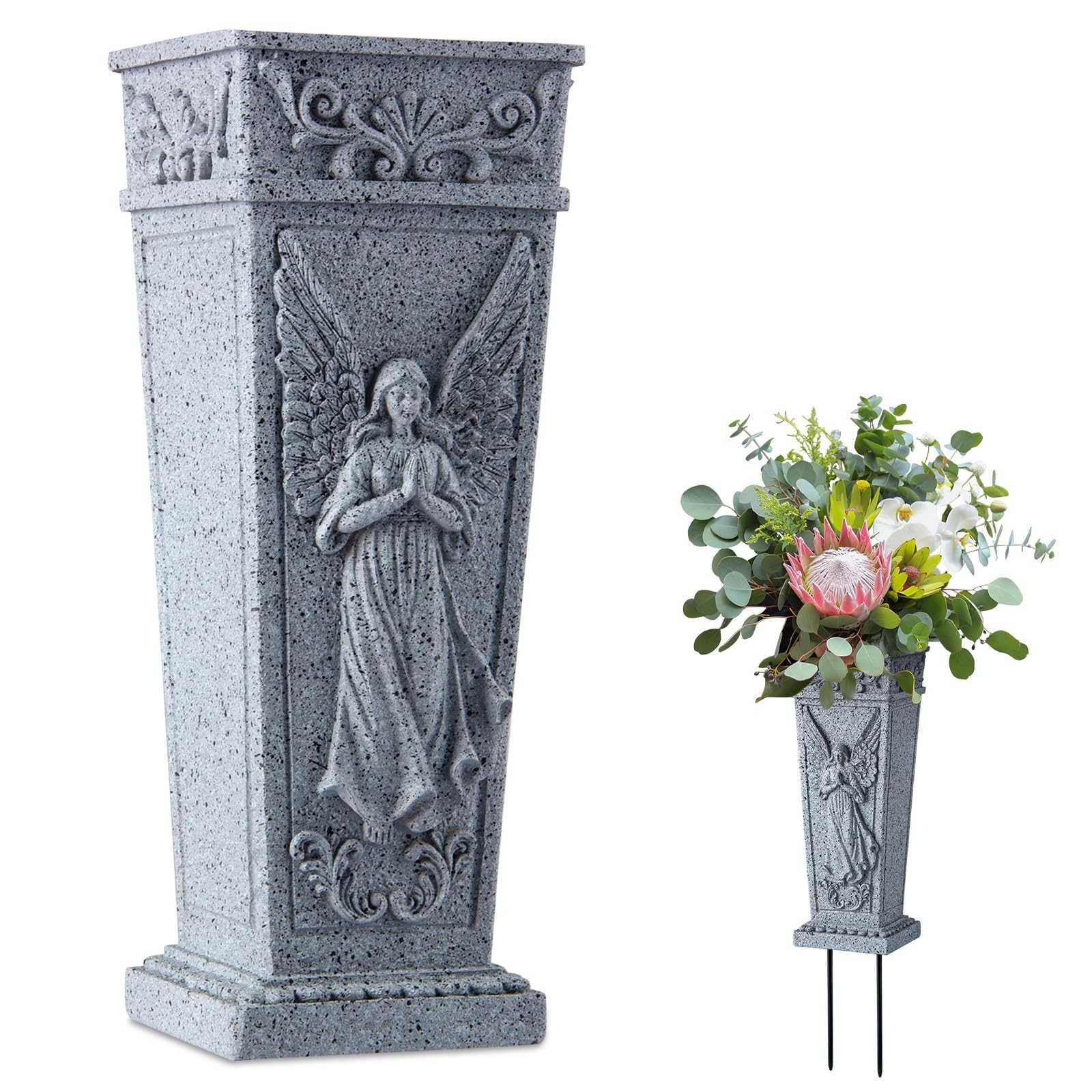 XONOR Cemetery Flowers Vase with Spike Memorial Grave Vase Resin Holder Grey