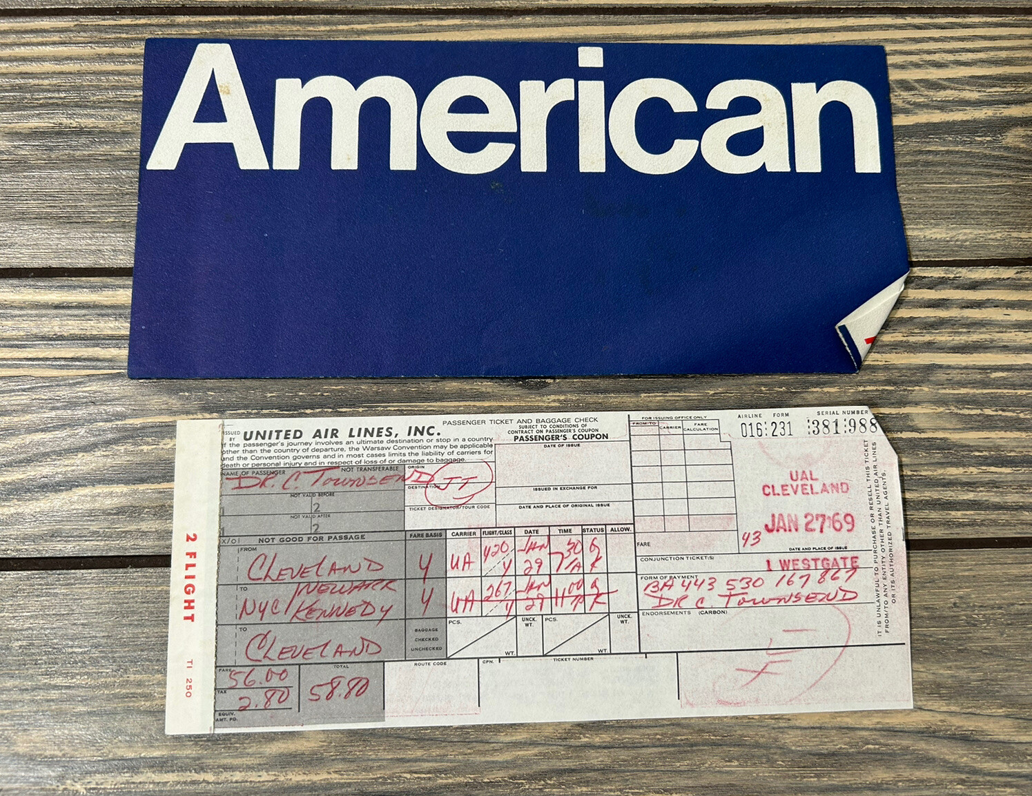 Vintage January 1969 United Air Lines Inc Ticket With American Envelope