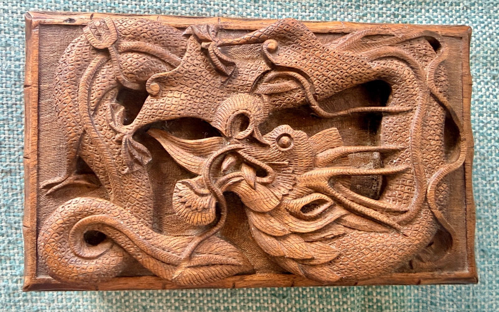 Vintage Chinese intricately carved wood keepsake box