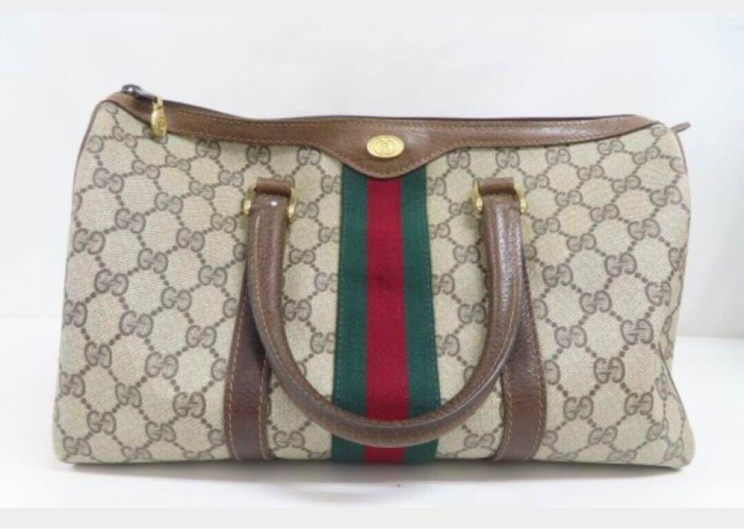 Auth Gucci Vintage Sherry Line Boston Bag GG Handbag PVC Leather  VG