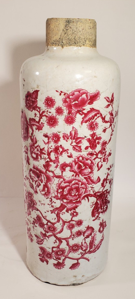 Primitive Antique Vintage Stoneware Bottle 12 Inch w Red Floral Transfer Decor