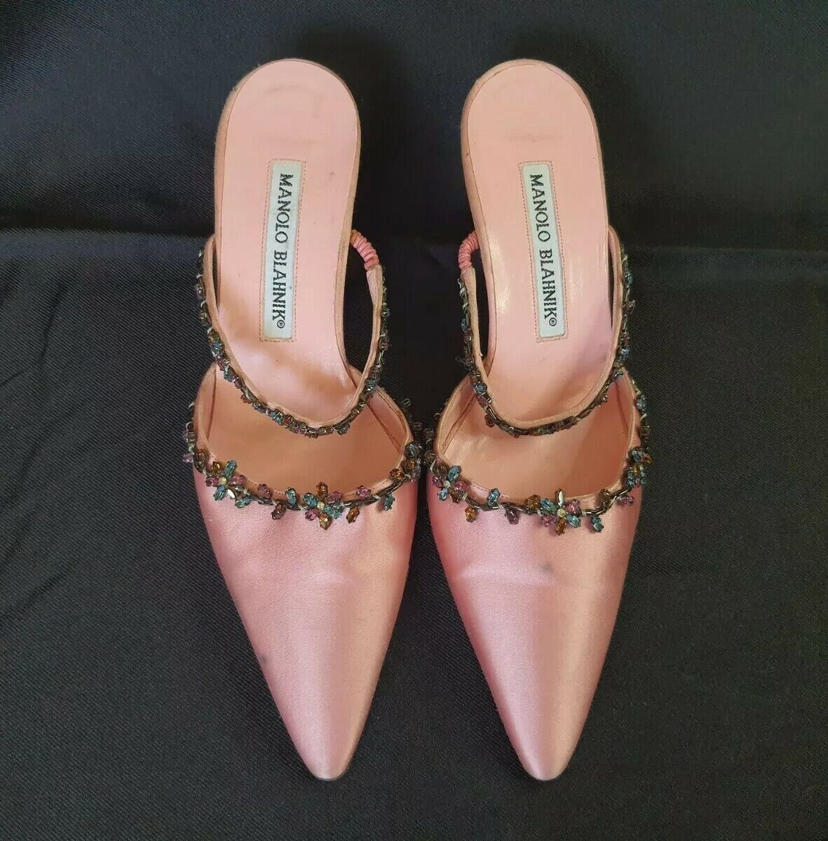 Manolo Blahnik Pink Satin Jeweled Strap Shoes sz 34.5