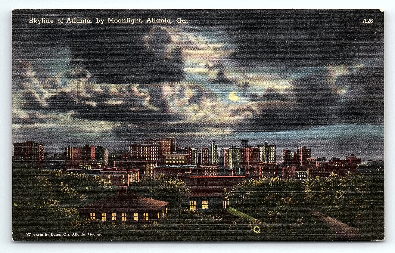 1940s ATLANTA GEORGIA SKYLINE OF ATLANTA BY MOONLIGHT LINEN POSTCARD P4736