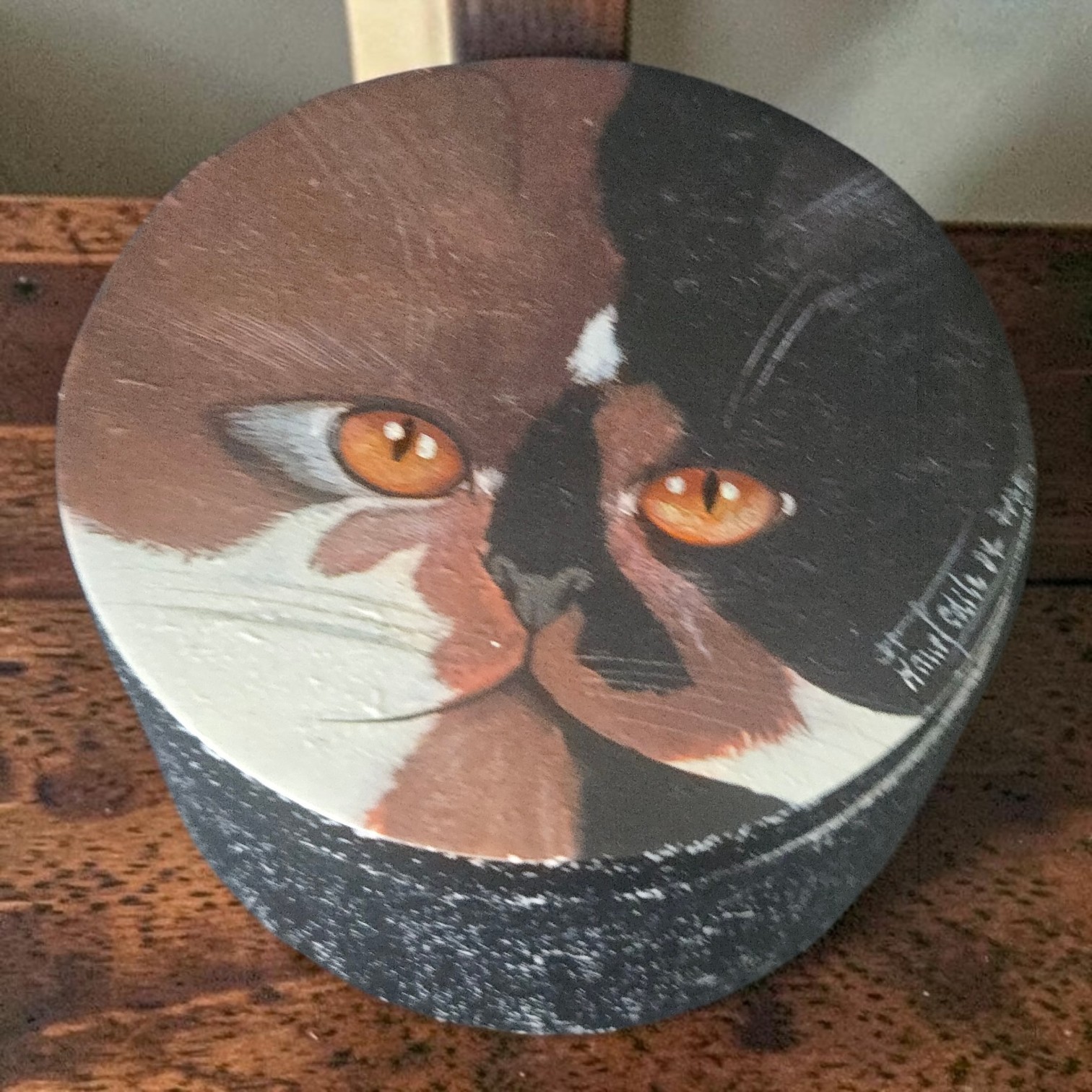 Vintage Hand Painted Calico Cat Wooden Trinket Box 4\