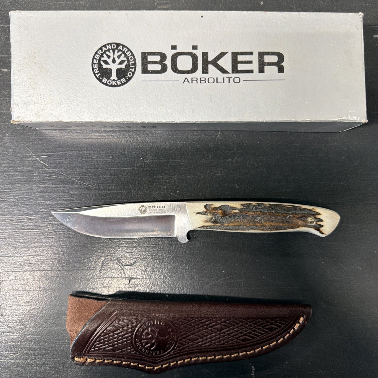 Boker Arbolito Fixed Blade Knife ~Stag FB Exclusive Handle~ Leather Sheath 02BA5 Boker Arbolito Fixed Blade Knife ~Stag FB Exclusive Handle~ Leather Sheath 02BA5