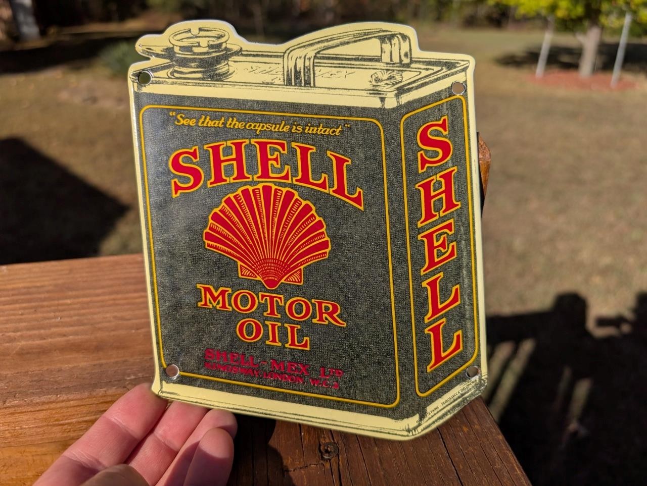 HEAVY PORCELAIN SHELL MOTOR OIL SHELL MEX CAN SIGN DIE CUT OLD METAL CAN SIGN