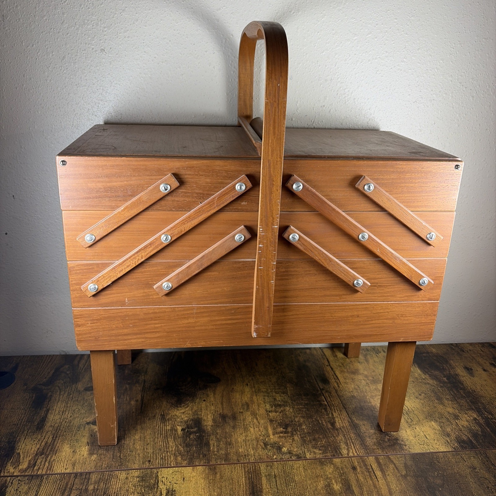 VTG Mid Century Strommen Bruk Hamar Norway Accordion Style Wood Sewing Box Fold