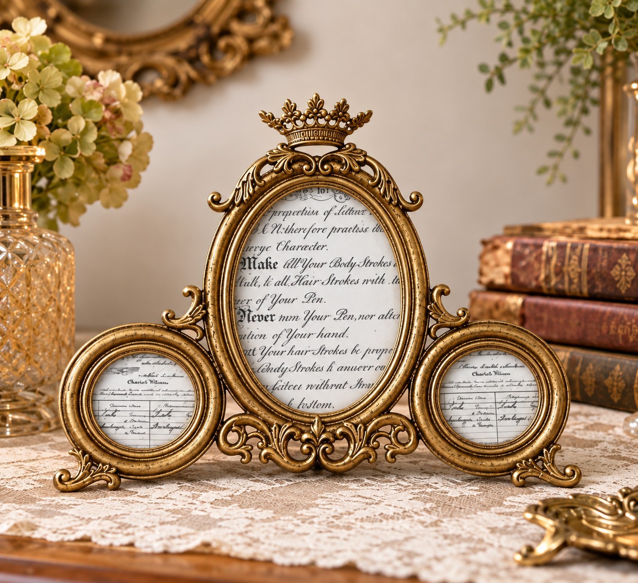 Vintage Antique Picture Frame Ornate Triple Crown Gold French Country Decor