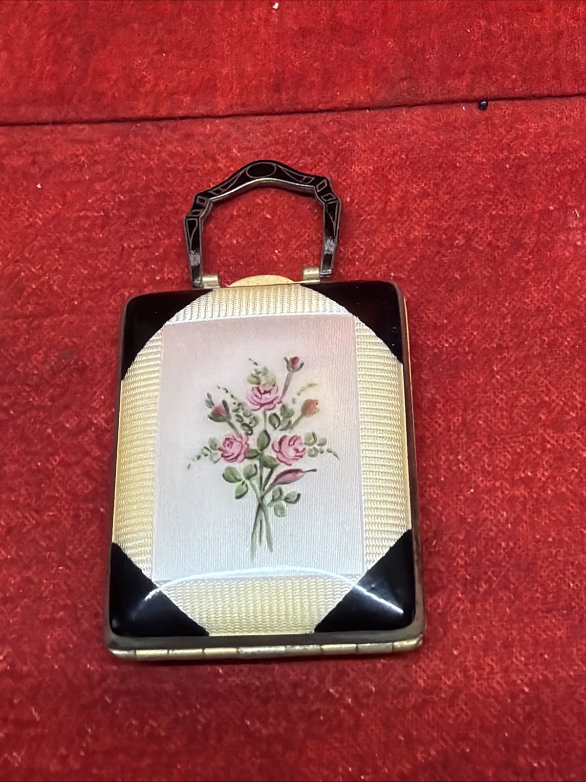 VINTAGE ART DECO GUILLOCHE ENAMEL COMPACT MIRROR MINIATURE PURSE DESIGN (tb2.1)