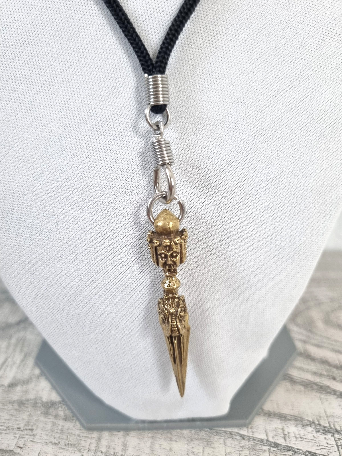 Set Tibetan Buddhism Phurba Pendant 3 Faces Mahakal Gold Necklace ฺBlack String