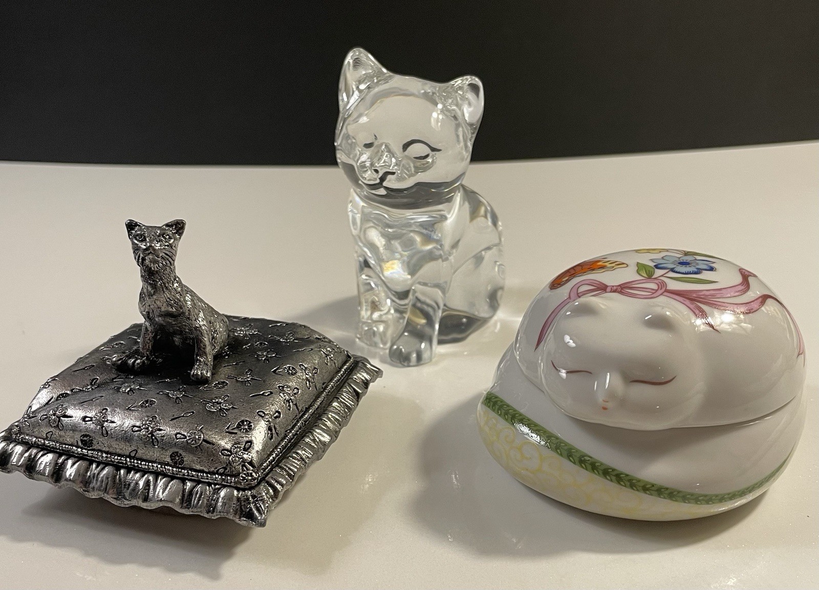 Vintage Cat Collectible Group Ceramic Box, Lead Crystal Kitten, & Metzke Pewter