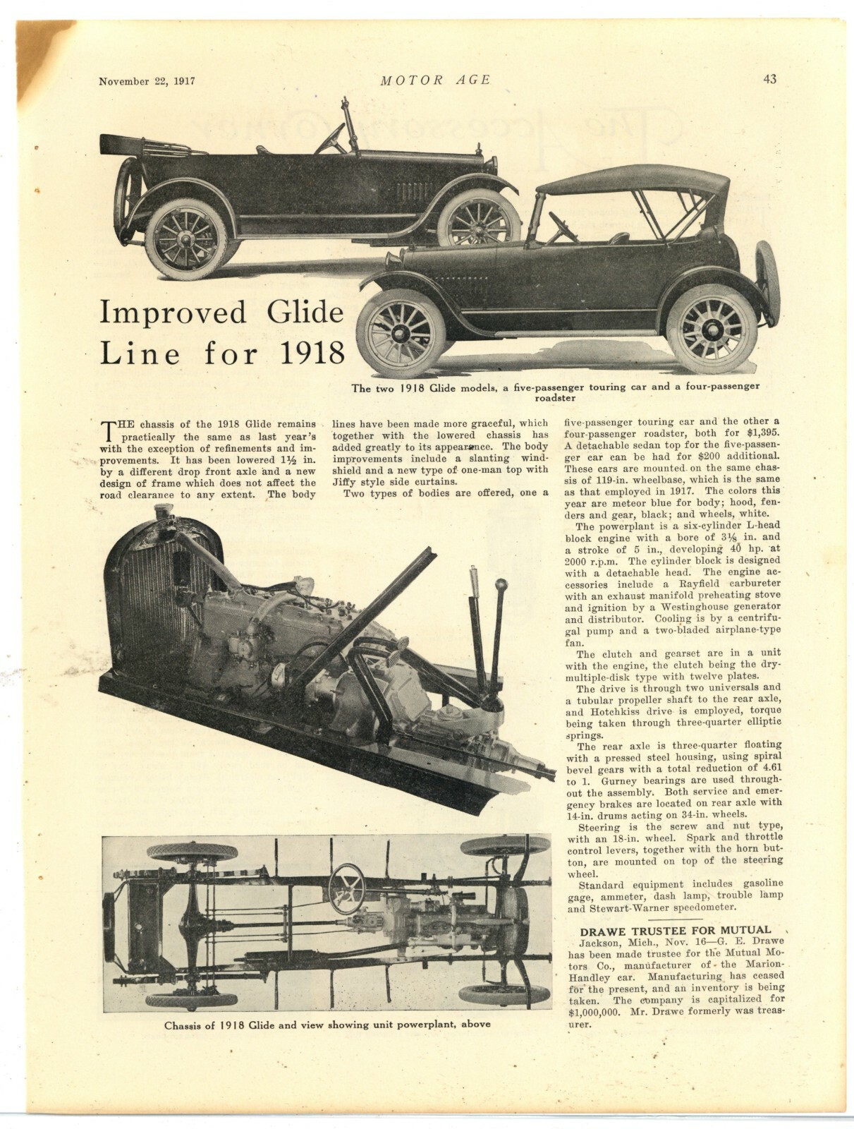 1917 Glide Motor Cars Motor Age Magazine Story: Pic & Model Changes for 1918