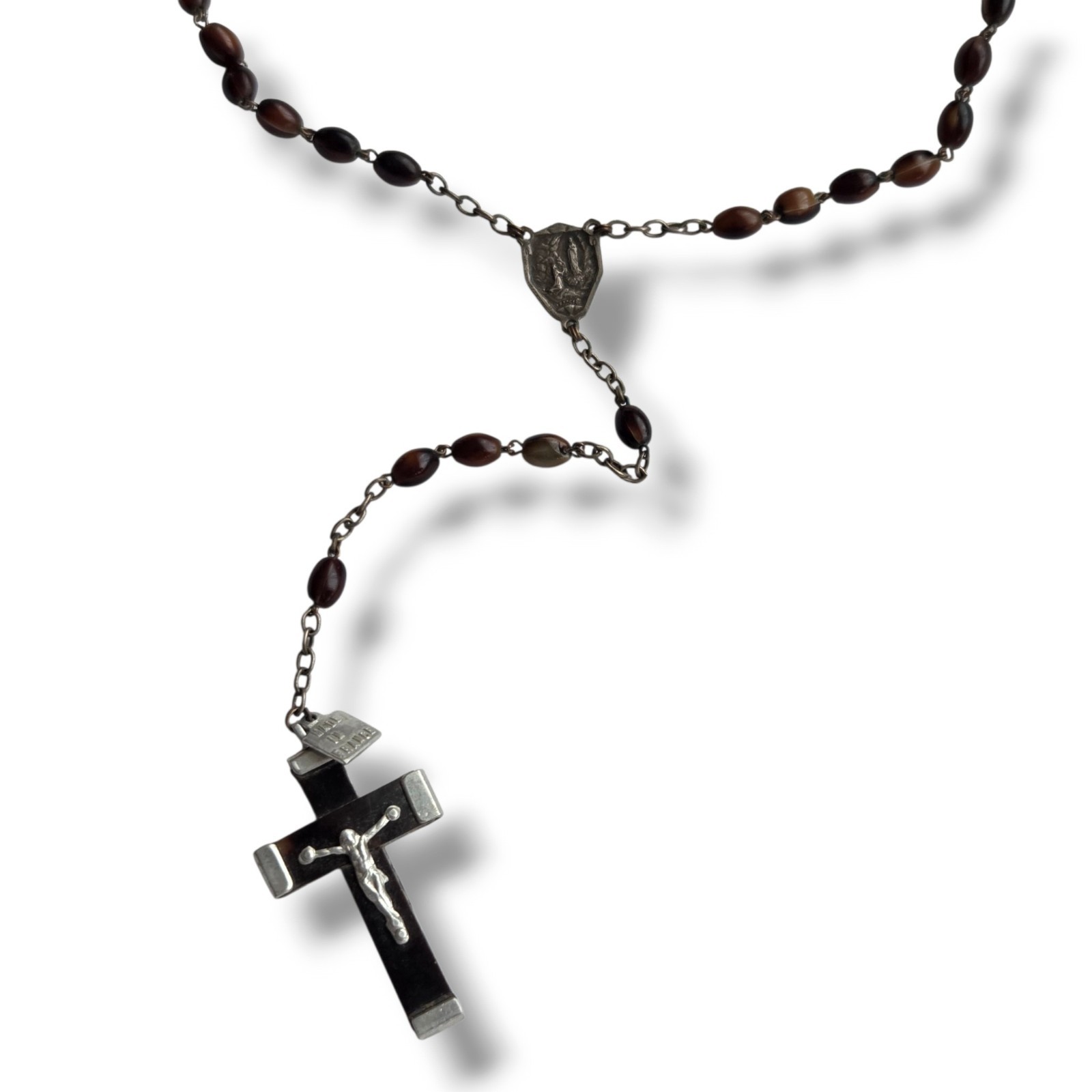 Vintage French Crucifix Ebony Wood Inlay Metal Pectoral Cross Seed Bean Rosary