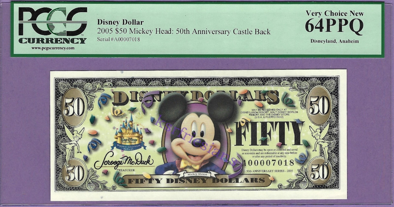 2005 A $50 MICKEY MOUSE DISNEYLAND DISNEY DOLLAR A00007018 64PPQ 4-DIGIT