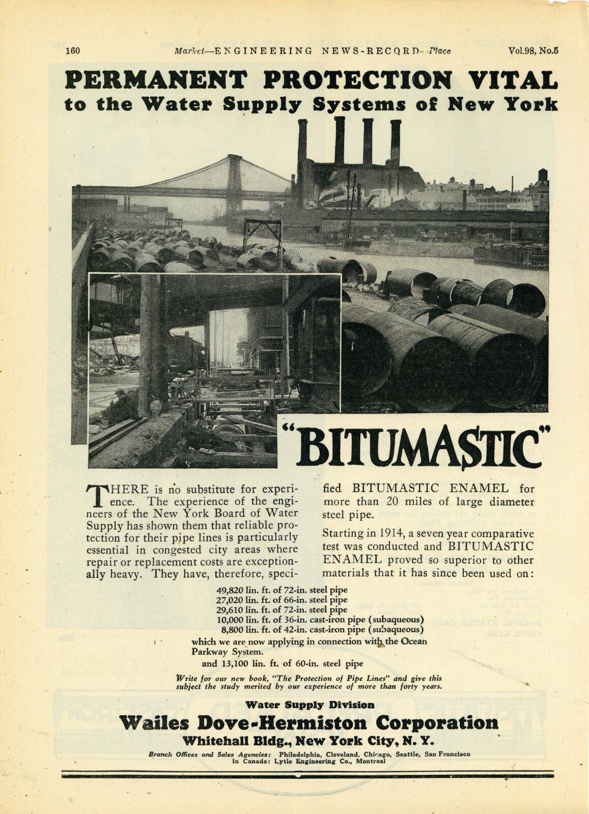 1927 Wailes Dove Hermiston Co. Ad: New York Board of Water Supply Pipeline Pics